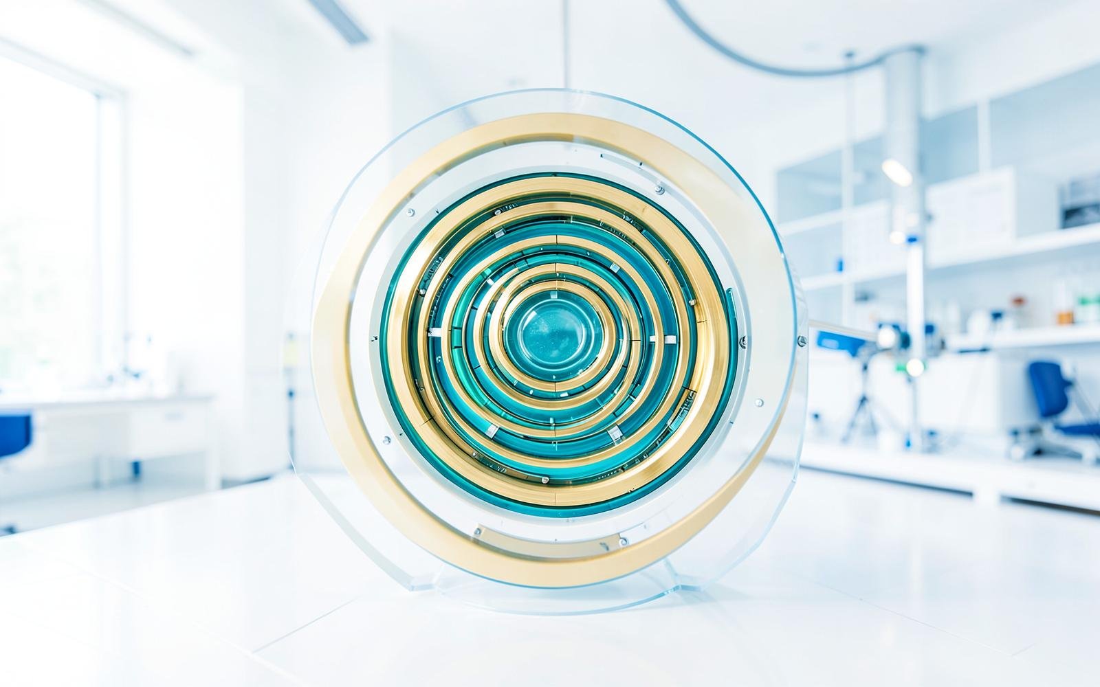 Quantum computing core with concentric rings in a light research space