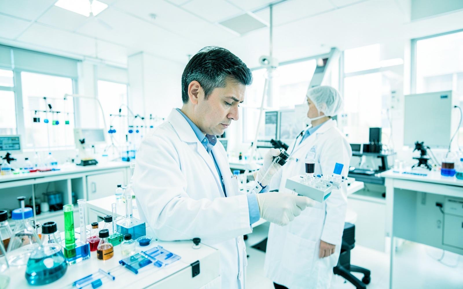 Researchers working with samples in a modern medical research laboratory